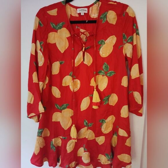 Mud Pie Red Lemon Vacation Spring Break Ruffle Flirty Mini Dress/Tunic/Coverup S - Picture 9 of 11